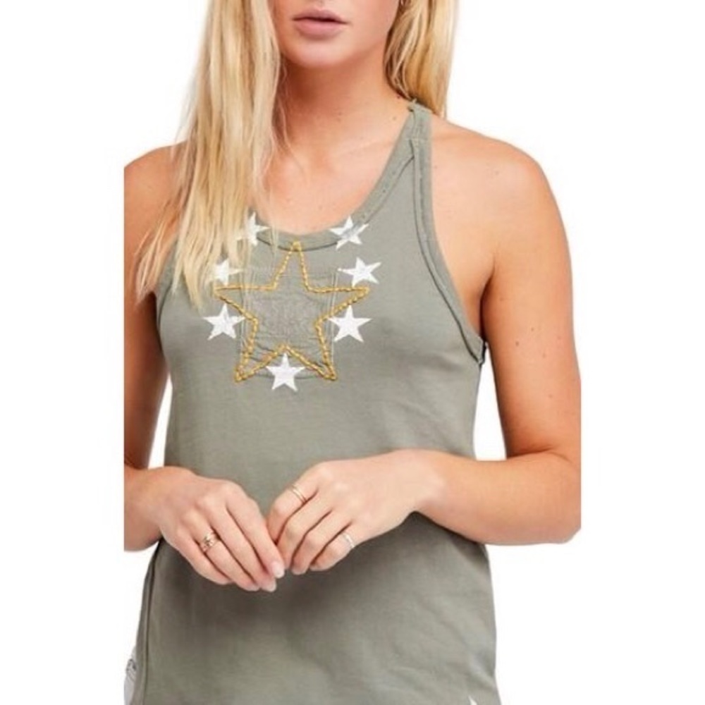 Free People Olive Green Army Graphic Tank Top Star